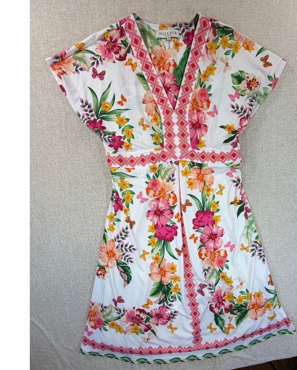 Hale Bob Women M White Pink Floral Butterfly Summer Cottagecore Knee Dress